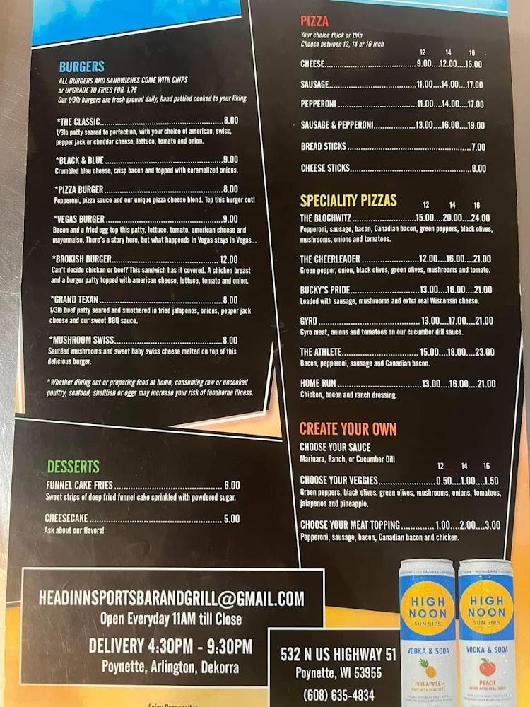 Head Inn Sports Bar & Grill Menu image 1